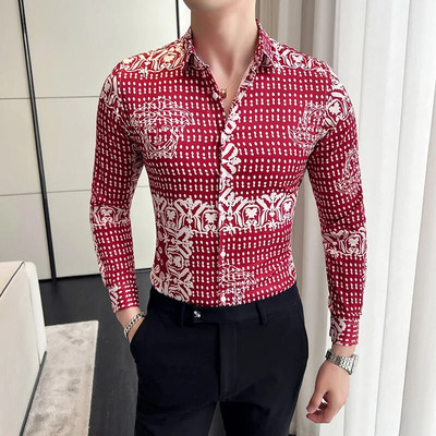 23Χρώμα 6XL Luxurious Man Vintage εμπριμέ κοινωνικά πουκάμισα Ανδρικά πουκάμισα με μακρυμάνικο φόρεμα άσπρη εφαρμογή Μόδα Casual Chemise Homme