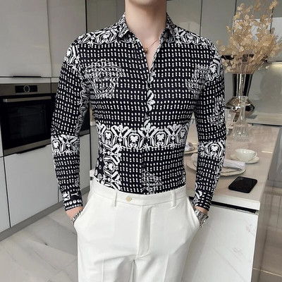 23Χρώμα 6XL Luxurious Man Vintage εμπριμέ κοινωνικά πουκάμισα Ανδρικά πουκάμισα με μακρυμάνικο φόρεμα άσπρη εφαρμογή Μόδα Casual Chemise Homme