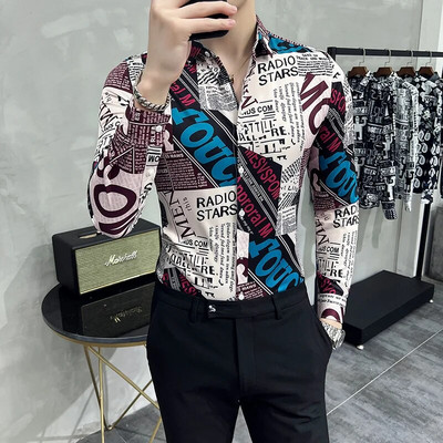 23Χρώμα 6XL Luxurious Man Vintage εμπριμέ κοινωνικά πουκάμισα Ανδρικά πουκάμισα με μακρυμάνικο φόρεμα άσπρη εφαρμογή Μόδα Casual Chemise Homme