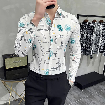 23Χρώμα 6XL Luxurious Man Vintage εμπριμέ κοινωνικά πουκάμισα Ανδρικά πουκάμισα με μακρυμάνικο φόρεμα άσπρη εφαρμογή Μόδα Casual Chemise Homme