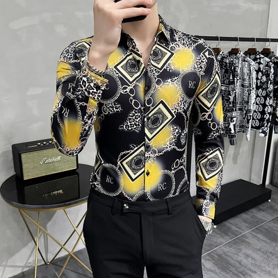 23Χρώμα 6XL Luxurious Man Vintage εμπριμέ κοινωνικά πουκάμισα Ανδρικά πουκάμισα με μακρυμάνικο φόρεμα άσπρη εφαρμογή Μόδα Casual Chemise Homme