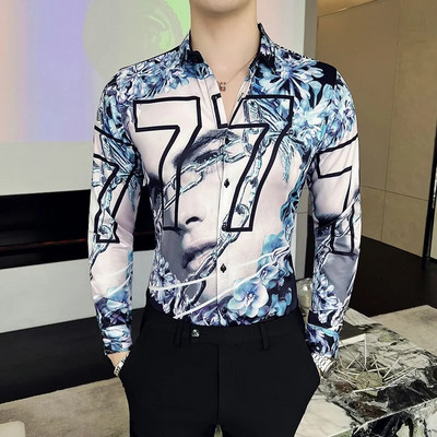 23Χρώμα 6XL Luxurious Man Vintage εμπριμέ κοινωνικά πουκάμισα Ανδρικά πουκάμισα με μακρυμάνικο φόρεμα άσπρη εφαρμογή Μόδα Casual Chemise Homme