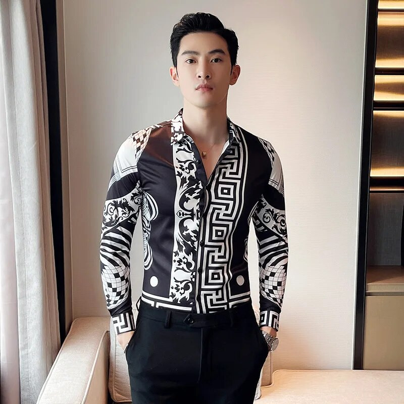 23Χρώμα 6XL Luxurious Man Vintage εμπριμέ κοινωνικά πουκάμισα Ανδρικά πουκάμισα με μακρυμάνικο φόρεμα άσπρη εφαρμογή Μόδα Casual Chemise Homme