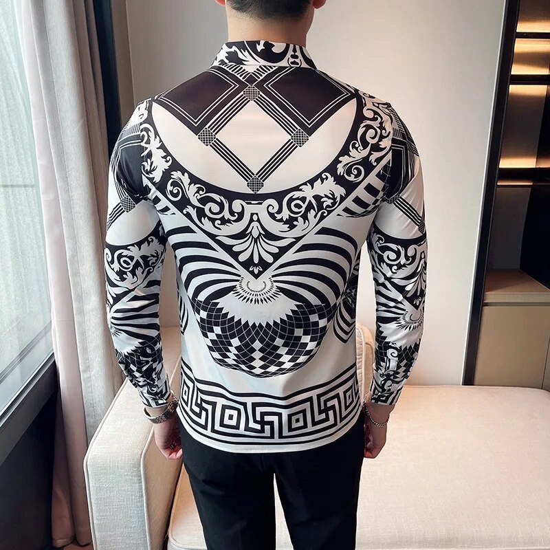 23Χρώμα 6XL Luxurious Man Vintage εμπριμέ κοινωνικά πουκάμισα Ανδρικά πουκάμισα με μακρυμάνικο φόρεμα άσπρη εφαρμογή Μόδα Casual Chemise Homme