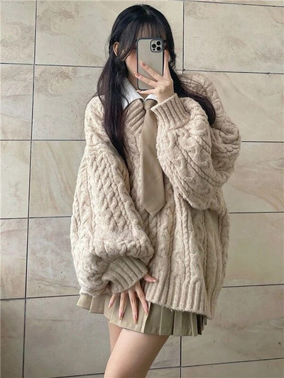 Sieviešu džemperi, korejiešu stila, brīvi pieguļoši, maigi, mīļi, vintage, džemperi ar V veida kakla izgriezumu.