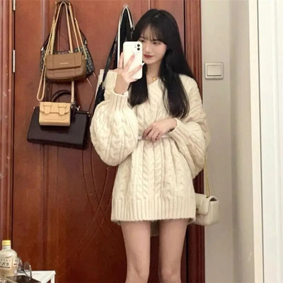 Túlméretes női pulóver Téli tömör pulóverek koreai kötöttáru O-nyakú női pulóverek kötött felső Vintage felhúzott női ruhák 2023
