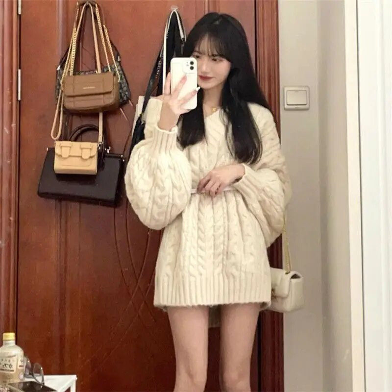 Túlméretes női pulóver Téli tömör pulóverek koreai kötöttáru O-nyakú női pulóverek kötött felső Vintage felhúzott női ruhák 2023