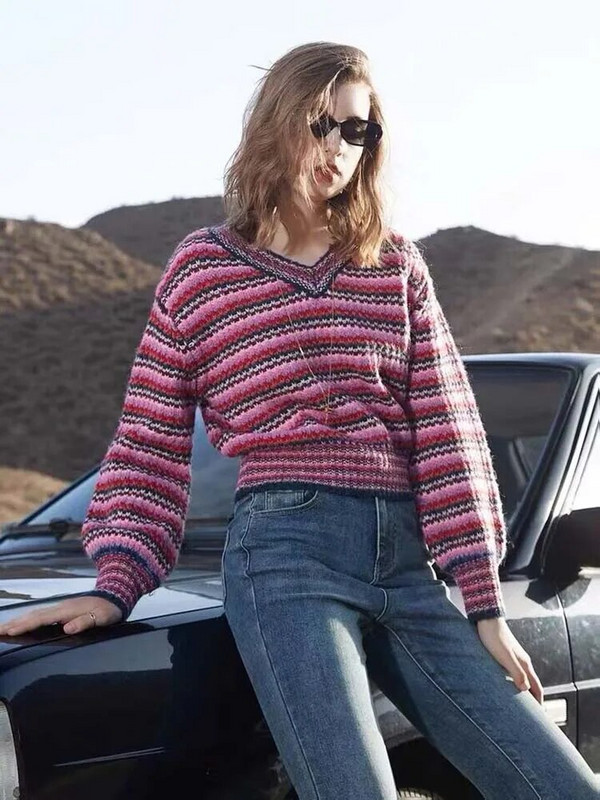 Πουλόβερ για γυναίκες μόδα 2023 Μακρυμάνικο ριγέ συνονθύλευμα Κομψό γυναικείο πουλόβερ πλεκτό Φθινοπωρινό Χειμώνα Streetwear C-056