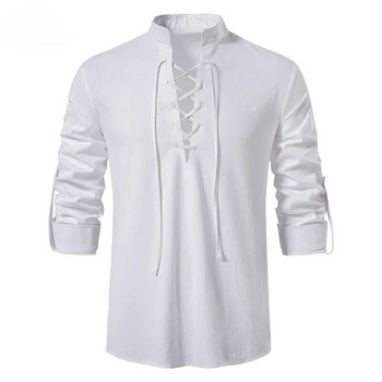 Ανδρικό βαμβακερό πουκάμισο Henley μακρυμάνικο πουκάμισο casual μόδας ρετρό μεσαιωνικό για διακοπές με μακρυμάνικο γιακά