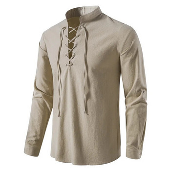 Ανδρικό βαμβακερό πουκάμισο Henley μακρυμάνικο πουκάμισο casual μόδας ρετρό μεσαιωνικό για διακοπές με μακρυμάνικο γιακά