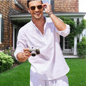 Augstas kvalitātes vīriešu blūze Kokvilnas lina krekls Ikdienas brīvi topi garām piedurknēm T-krekls Pavasaris Rudens Brīvais laiks Skaisti vīriešu krekli