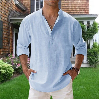 Висококачествена мъжка блуза Памучна ленена риза Ежедневни свободни топове Тениска с дълъг ръкав Пролет Есен Свободно време Красиви мъжки ризи