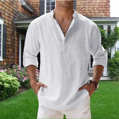 Augstas kvalitātes vīriešu blūze Kokvilnas lina krekls Ikdienas brīvi topi garām piedurknēm T-krekls Pavasaris Rudens Brīvais laiks Skaisti vīriešu krekli