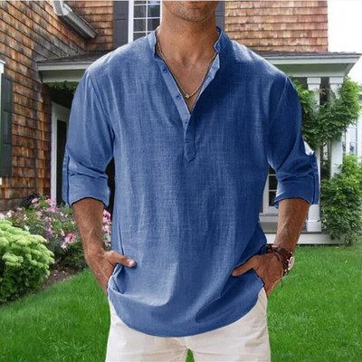 Augstas kvalitātes vīriešu blūze Kokvilnas lina krekls Ikdienas brīvi topi garām piedurknēm T-krekls Pavasaris Rudens Brīvais laiks Skaisti vīriešu krekli
