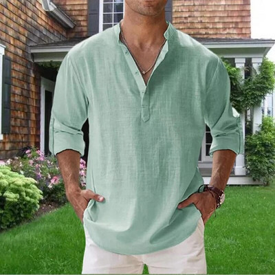 Augstas kvalitātes vīriešu blūze Kokvilnas lina krekls Ikdienas brīvi topi garām piedurknēm T-krekls Pavasaris Rudens Brīvais laiks Skaisti vīriešu krekli