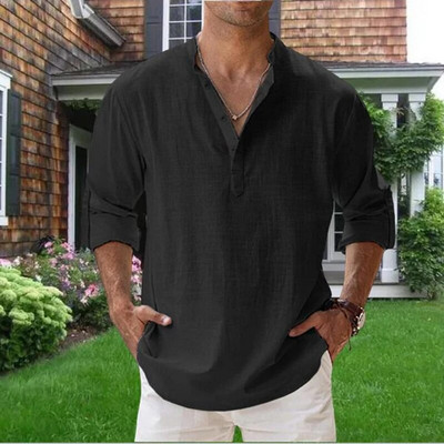 Augstas kvalitātes vīriešu blūze Kokvilnas lina krekls Ikdienas brīvi topi garām piedurknēm T-krekls Pavasaris Rudens Brīvais laiks Skaisti vīriešu krekli