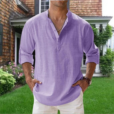 Augstas kvalitātes vīriešu blūze Kokvilnas lina krekls Ikdienas brīvi topi garām piedurknēm T-krekls Pavasaris Rudens Brīvais laiks Skaisti vīriešu krekli