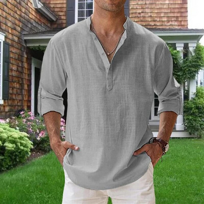 Augstas kvalitātes vīriešu blūze Kokvilnas lina krekls Ikdienas brīvi topi garām piedurknēm T-krekls Pavasaris Rudens Brīvais laiks Skaisti vīriešu krekli