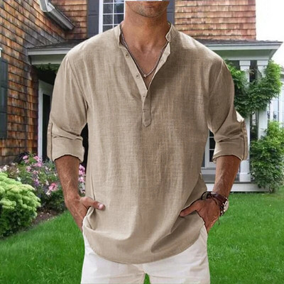 Augstas kvalitātes vīriešu blūze Kokvilnas lina krekls Ikdienas brīvi topi garām piedurknēm T-krekls Pavasaris Rudens Brīvais laiks Skaisti vīriešu krekli