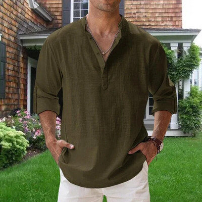 Augstas kvalitātes vīriešu blūze Kokvilnas lina krekls Ikdienas brīvi topi garām piedurknēm T-krekls Pavasaris Rudens Brīvais laiks Skaisti vīriešu krekli