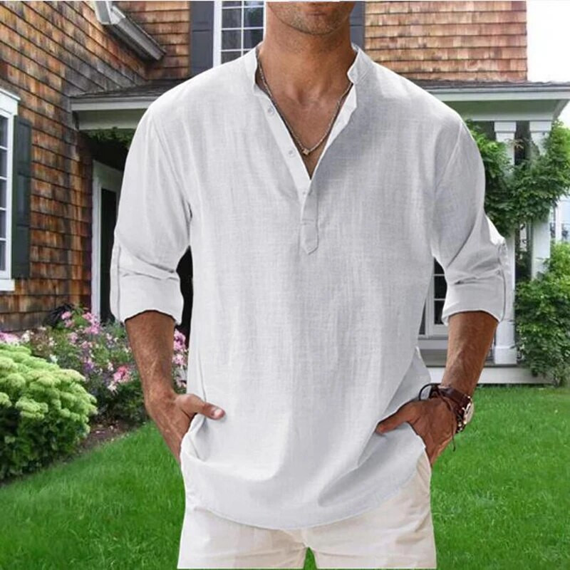 Augstas kvalitātes vīriešu blūze Kokvilnas lina krekls Ikdienas brīvi topi garām piedurknēm T-krekls Pavasaris Rudens Brīvais laiks Skaisti vīriešu krekli