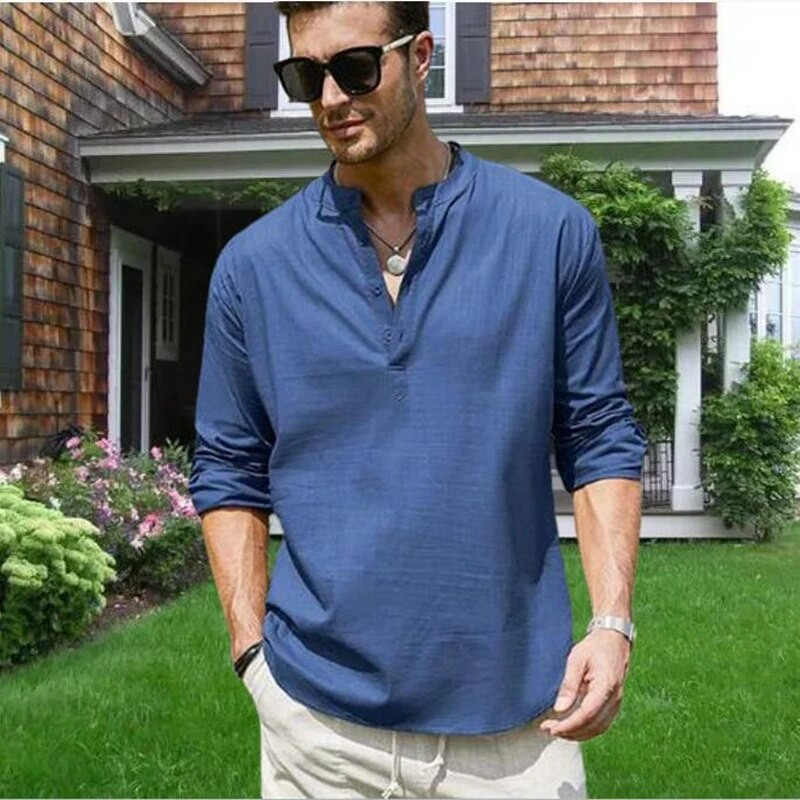 Augstas kvalitātes vīriešu blūze Kokvilnas lina krekls Ikdienas brīvi topi garām piedurknēm T-krekls Pavasaris Rudens Brīvais laiks Skaisti vīriešu krekli