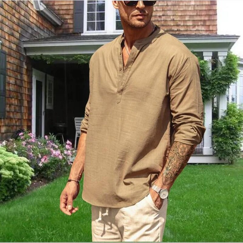 Augstas kvalitātes vīriešu blūze Kokvilnas lina krekls Ikdienas brīvi topi garām piedurknēm T-krekls Pavasaris Rudens Brīvais laiks Skaisti vīriešu krekli