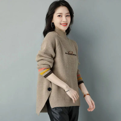 Sieviešu apģērbi, modes daudzpusīgi 2023. gada rudens un ziemas jauni savienojuma pogas, pusaugstas apkakles vienkrāsains džemperis ar garām piedurknēm