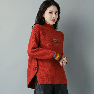 Sieviešu apģērbi, modes daudzpusīgi 2023. gada rudens un ziemas jauni savienojuma pogas, pusaugstas apkakles vienkrāsains džemperis ar garām piedurknēm