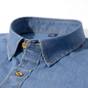 Мъжка класическа работна риза от западен деним с дълъг ръкав, един джоб на гърдите, стандартна кройка, комфорт, издръжливост, меки ежедневни памучни ризи
