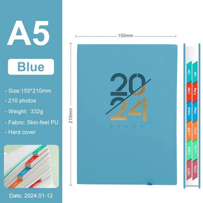 2024. gada janvāris–decembris Plānotājs angļu valodas piezīmju grāmatiņa A5 PU ādas vāks Skolas dienas kārtības plāns Iknedēļas ikmēneša dienasgrāmatas organizators