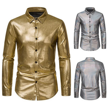 Gold Fashion Μακρυμάνικο επίσημο πουκάμισο για νυφικό Ανδρικό νέο Bronzing Stage Printing Stage Performance Lepel Slim πουκάμισο Nightclub