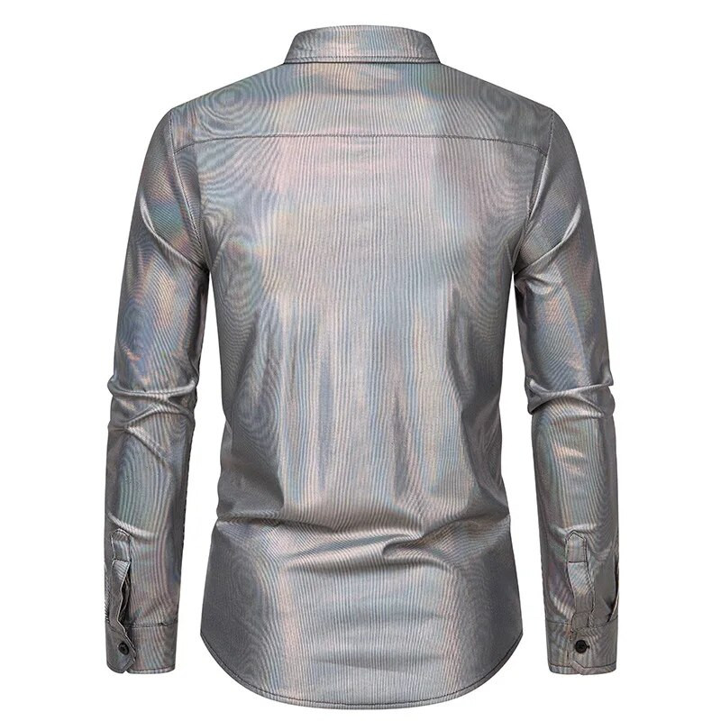 Zelta modes stila kāzu kleitas krekls ar garām piedurknēm Vīriešu jauns bronzas apdrukas skatuves Performance Lapel Slim naktskluba krekls