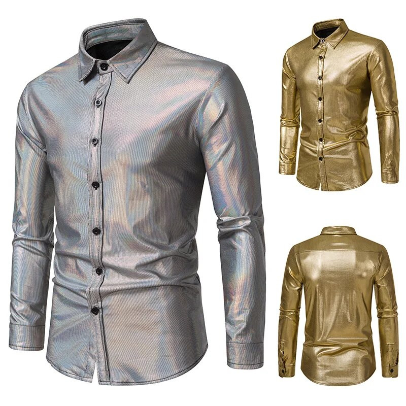 Zelta modes stila kāzu kleitas krekls ar garām piedurknēm Vīriešu jauns bronzas apdrukas skatuves Performance Lapel Slim naktskluba krekls