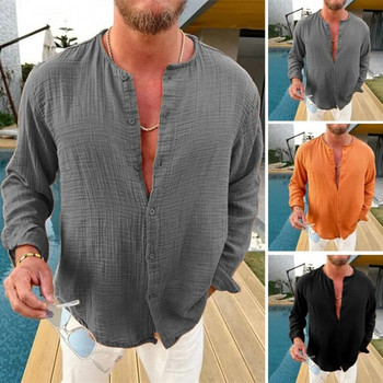 Ανδρικό μακρυμάνικο πουκάμισο Vintage βολάν με στρογγυλή λαιμόκοψη μονόστομο, vintage ζακέτα Soft casual loose πουκάμισο Top ανδρικό ρούχο