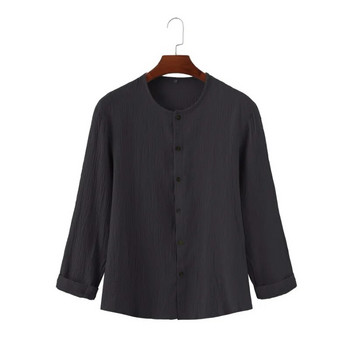 Ανδρικό μακρυμάνικο πουκάμισο Vintage βολάν με στρογγυλή λαιμόκοψη μονόστομο, vintage ζακέτα Soft casual loose πουκάμισο Top ανδρικό ρούχο