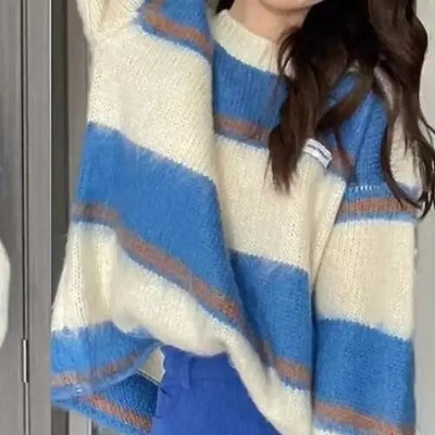 Svītrains sieviešu džemperis rudens ziemas džemperi korejiešu stila trikotāžas apģērbi ar garām piedurknēm trikotāžas modes sieviešu džemperi 2023