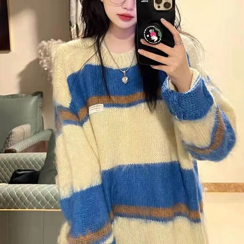 Svītrains sieviešu džemperis rudens ziemas džemperi korejiešu stila trikotāžas apģērbi ar garām piedurknēm trikotāžas modes sieviešu džemperi 2023
