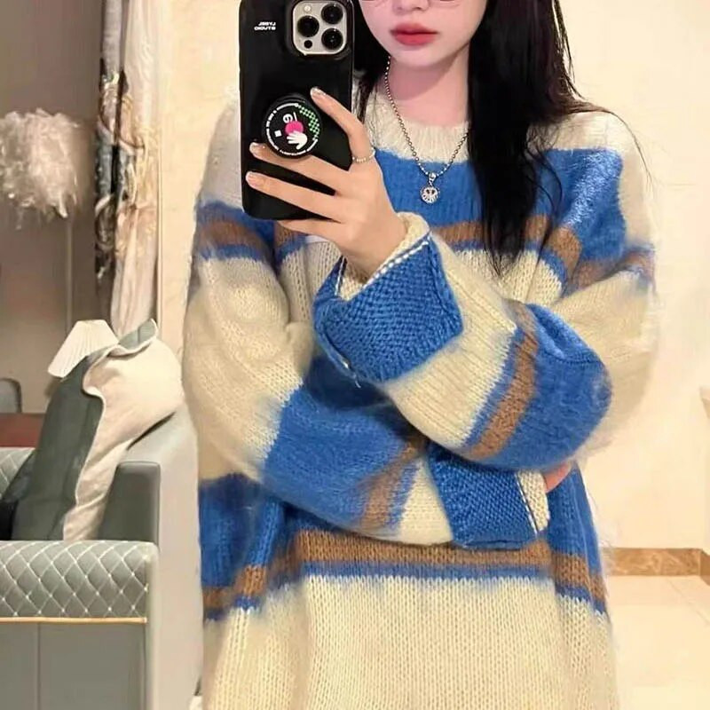 Svītrains sieviešu džemperis rudens ziemas džemperi korejiešu stila trikotāžas apģērbi ar garām piedurknēm trikotāžas modes sieviešu džemperi 2023