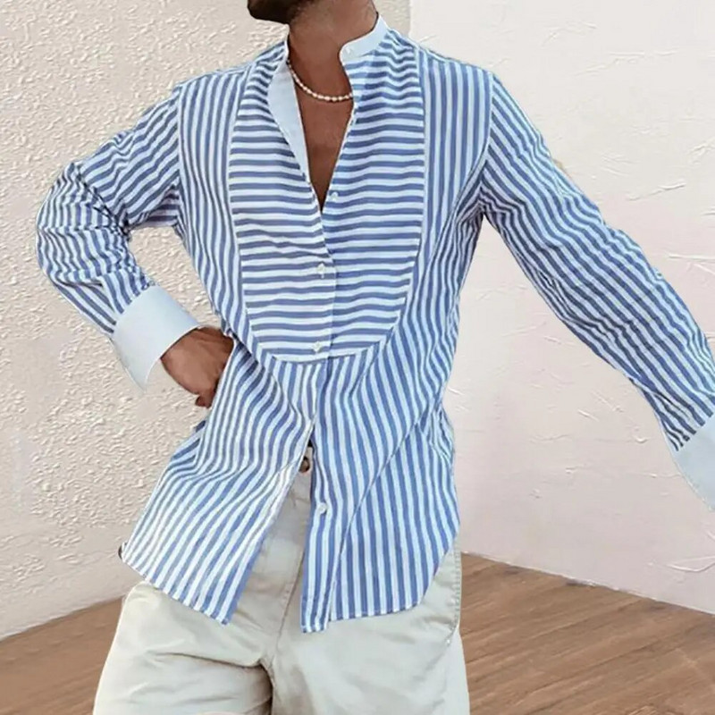 Stovi apykakle, ilgomis rankovėmis vyriški marškiniai nuo slinkimo, vienaeiliai verslo marškiniai vertikaliai dryžuoti vasariniai marškinėliai darbui