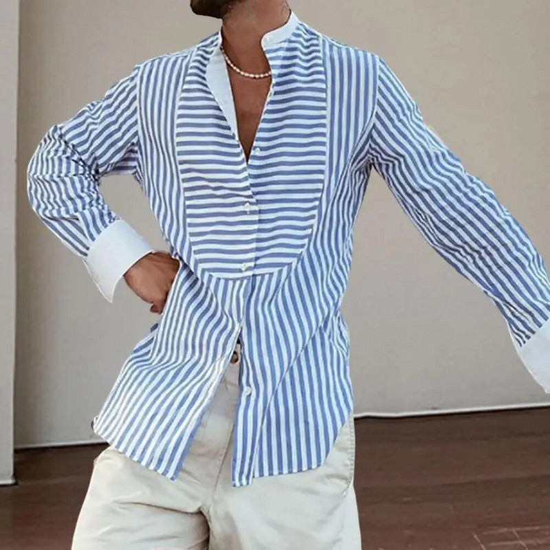Stovi apykakle, ilgomis rankovėmis vyriški marškiniai nuo slinkimo, vienaeiliai verslo marškiniai vertikaliai dryžuoti vasariniai marškinėliai darbui