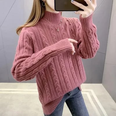 Γυναικείο πουλόβερ με ζιβάγκο πουλόβερ καθαρό χρώμα 2023 Νέα μόδα κορεατική έκδοση μακρυμάνικο πλεκτό πουλόβερ πουλόβερ Basic Top