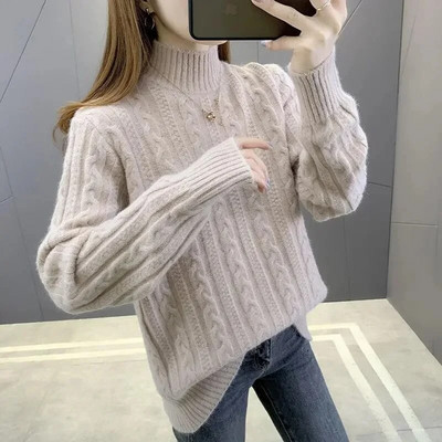 Γυναικείο πουλόβερ με ζιβάγκο πουλόβερ καθαρό χρώμα 2023 Νέα μόδα κορεατική έκδοση μακρυμάνικο πλεκτό πουλόβερ πουλόβερ Basic Top