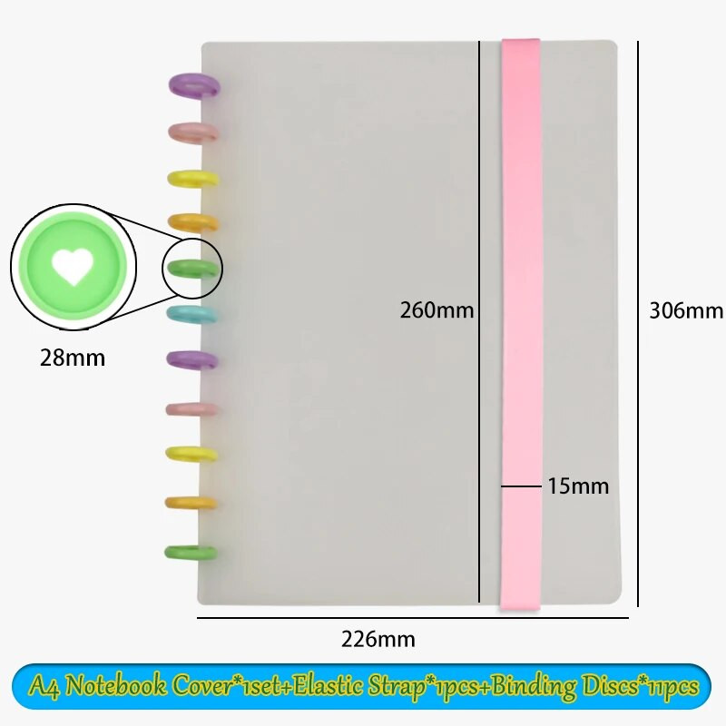 DIY A4 piezīmjdatoru komplekts Sēņu caurums Piezīmju grāmatiņas vāks Iesiešanas diski Sprādze elastīga siksna Vienkārša koledžas biroja dienasgrāmata skolas piederumi