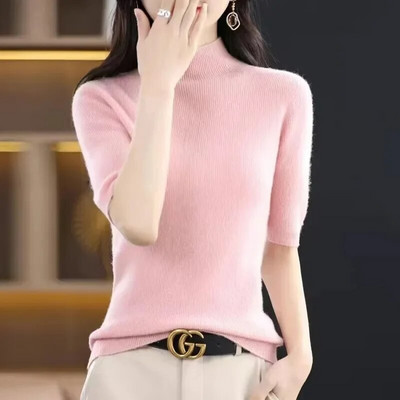 Sieviešu džemperis Pavasaris Vasaras Trikotāžas Puloveri Apkaklīti Slim Fit Botting Krekli Īsām piedurknēm Mīksta Trikotāža Džemperi Džemperi