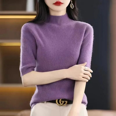 Sieviešu džemperis Pavasaris Vasaras Trikotāžas Puloveri Apkaklīti Slim Fit Botting Krekli Īsām piedurknēm Mīksta Trikotāža Džemperi Džemperi