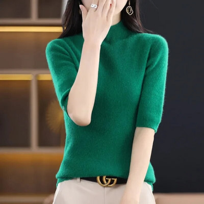 Sieviešu džemperis Pavasaris Vasaras Trikotāžas Puloveri Apkaklīti Slim Fit Botting Krekli Īsām piedurknēm Mīksta Trikotāža Džemperi Džemperi