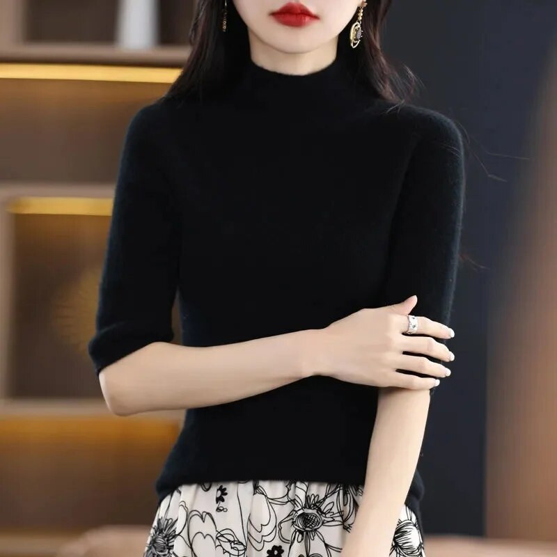 Sieviešu džemperis Pavasaris Vasaras Trikotāžas Puloveri Apkaklīti Slim Fit Botting Krekli Īsām piedurknēm Mīksta Trikotāža Džemperi Džemperi