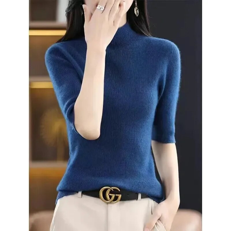 Sieviešu džemperis Pavasaris Vasaras Trikotāžas Puloveri Apkaklīti Slim Fit Botting Krekli Īsām piedurknēm Mīksta Trikotāža Džemperi Džemperi