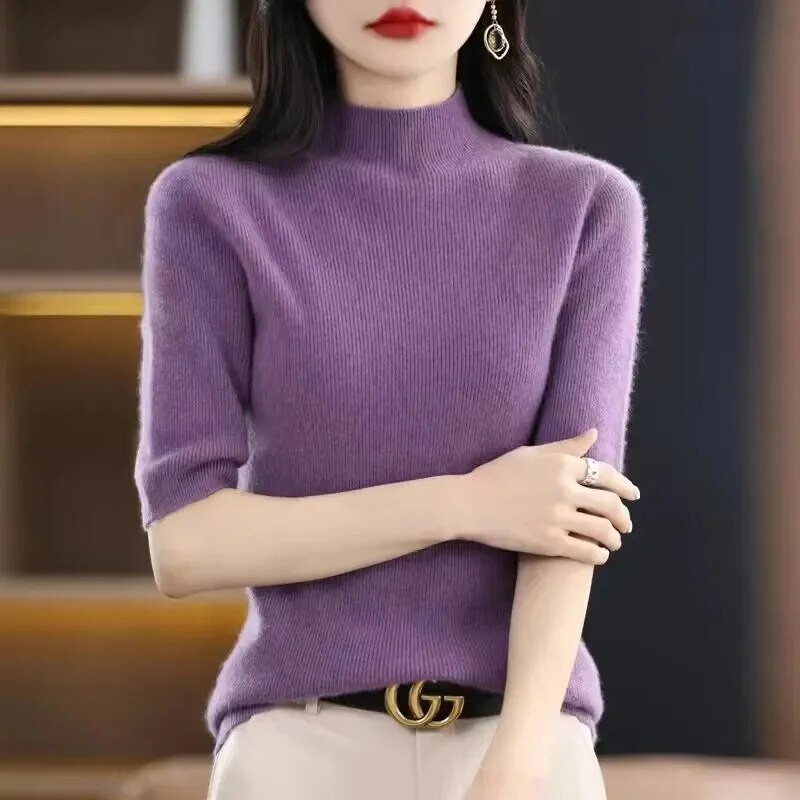 Sieviešu džemperis Pavasaris Vasaras Trikotāžas Puloveri Apkaklīti Slim Fit Botting Krekli Īsām piedurknēm Mīksta Trikotāža Džemperi Džemperi